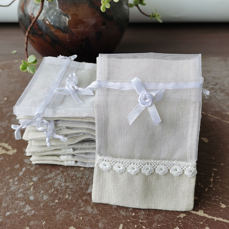 棉麻花边蝴蝶结拼接束口袋 礼品收纳 抽绳收纳饰品袋子