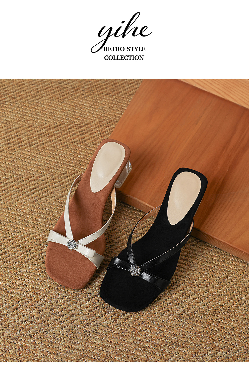 Sandal cao gót nữ mũi vuông hở ngón, quai ngang đính nơ, gót trong suốt 7 cm — màu đen, màu trắng ngà chi tiết 13