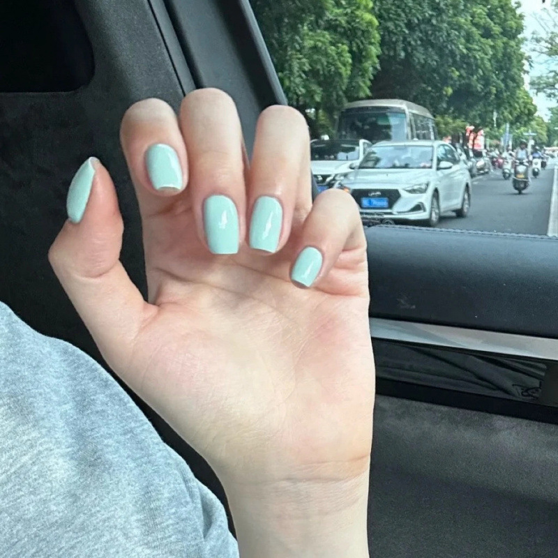 Handmade Short Mint Blue-Green Solid Color Nail Stickers That Enhance Complexion, Single-Color Fake Nail Patches, Finished Product, Removable