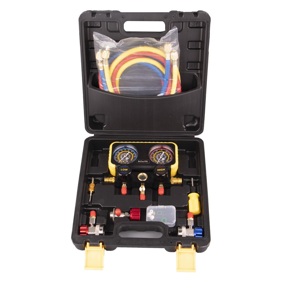 Juego de manómetro de refrigeración de aire acondicionado para automóvil con válvula de doble medidor de refrigerante anticolisión a prueba de explosiones/aceite