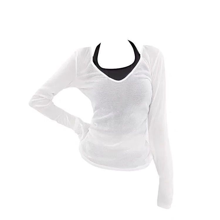 夏の長袖Tシャツトップスブラウスとキャミソールレディースツーピーススーツ白日焼け止め服ルーズホットガール|undefined