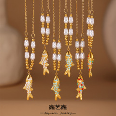 Xinyixinxin ステンレス鋼チェーンパールオイルドリップ小魚マルチカラーペンダントネックレスイヤリングセット 18k リアルゴールドメッキ