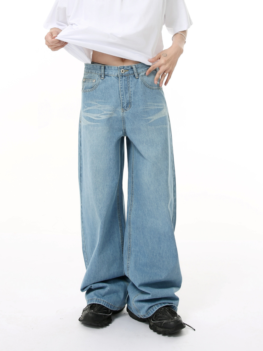 MTLCLOTHES para hombre | Versión coreana de jeans de trapeador recto de pierna ancha con patrón lavado, todo fósforo