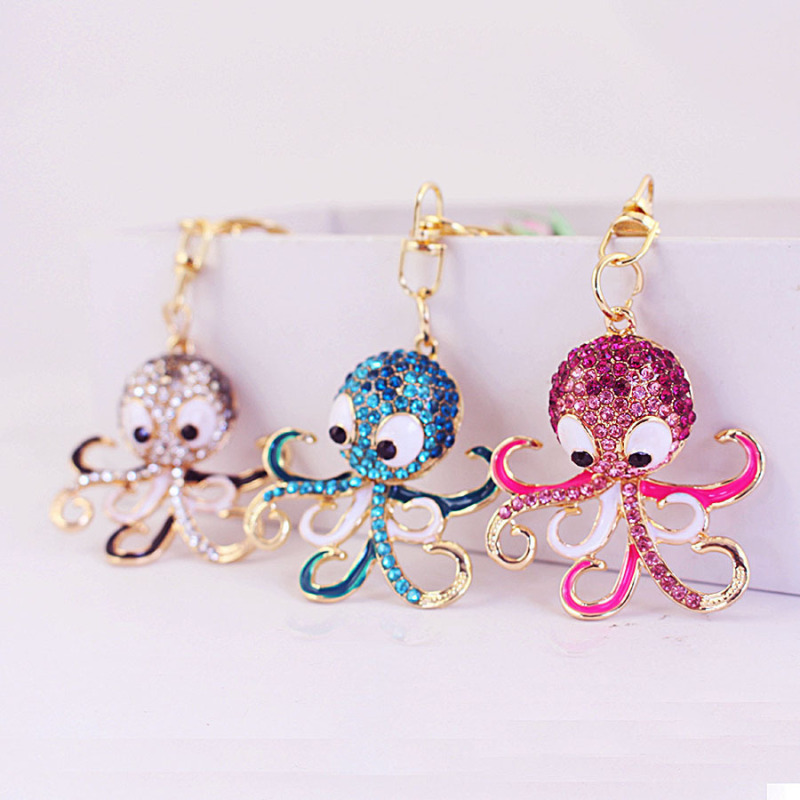 Cute jewelry alloy rhinestone small octopus car keychain octopus marine animal pendant key chain 1194