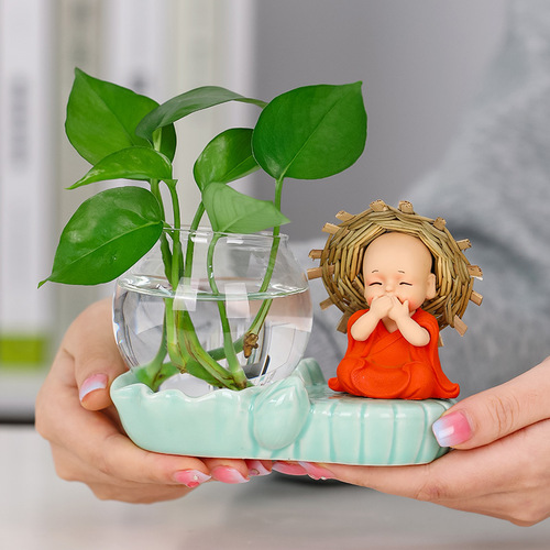 New Zen style straw hat little monk water-cultured green radish hydroponic decoration home office desktop ornaments vase flower utensils