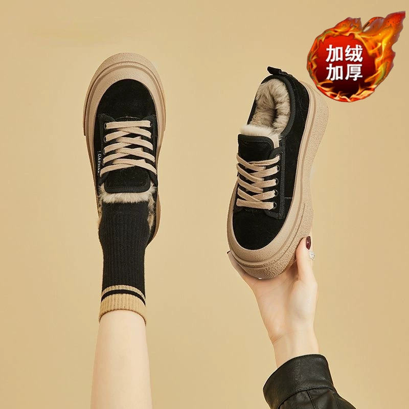 Кроссовки из натурального меха кролика, женские туфли из натуральной кожи, спортивная обувь, новинка осени-зимы 2025 в стиле ретро, повседневные кроссовки на толстой подошве с флисовой подкладкой для увеличения роста.
