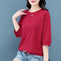 2025夏の新型七分袖純綿tシャツ丸襟光沢面半袖大サイズゆるいシンプルなファッション上着