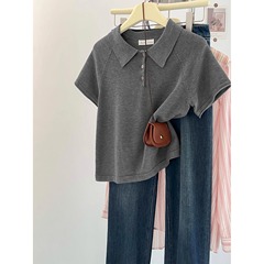 欧品Polo襟ボタンの肩の半袖の女性のニットの底のシャツの夏の韓国版の減齢のtシャツの短い上着