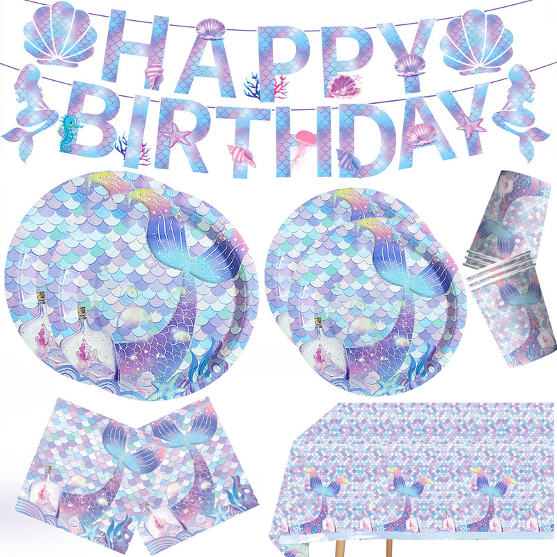New Mermaid Fish Tail Fish Scale Birthday Party Supplies Flag Tissue Paper Plate Tableware Party Decoration Set