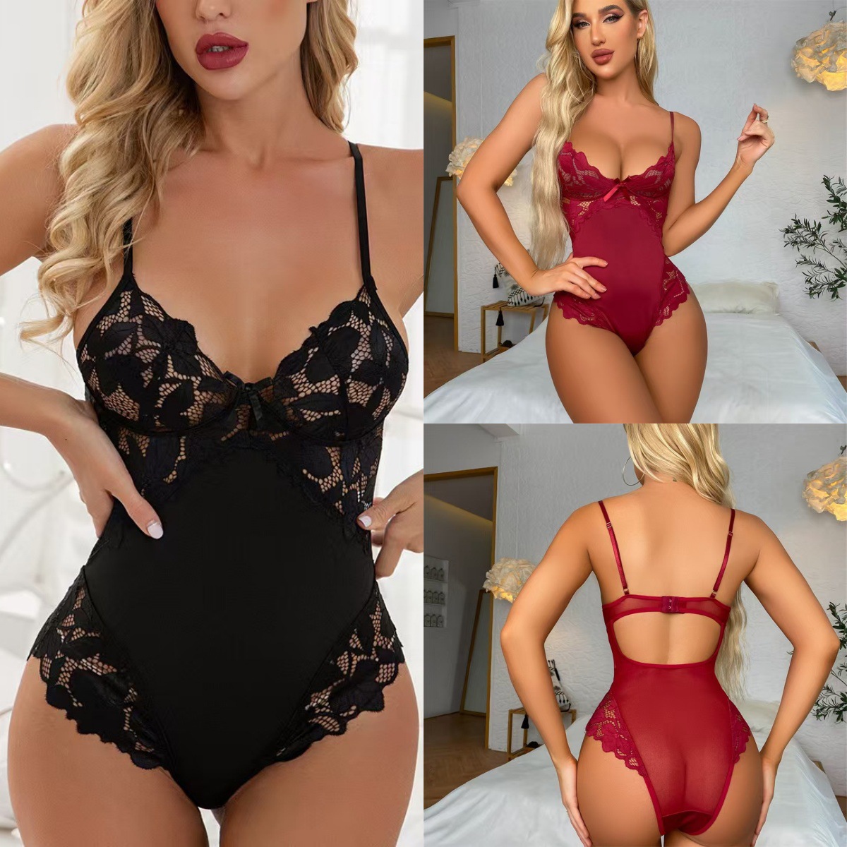 Europa y América comercio exterior nueva ropa interior de interés Europa y América sexy pijamas de encaje de cabina, camisa de mujer, pijamas de espalda descubierta