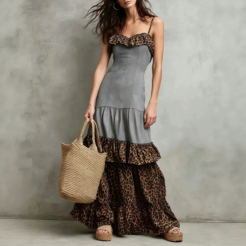 Dm083 Exclusively for Cross-Border Sales, Bohemian Style Faux Denim Patchwork Mesh Long Skirt