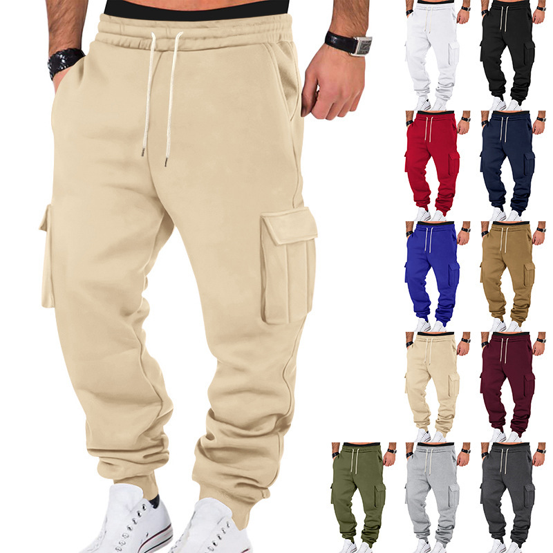 Cross-Border American Style Autumn and Winter Fleece Men's Casual Cargo Pants with Multiple Pockets and Drawstring in 11 Colors, Sports Casual Long Pants
