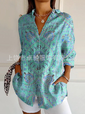 新款2025女士长款衬衫女夏季欧美潮流长袖衬衫印花图案印花3D衬衫|undefined