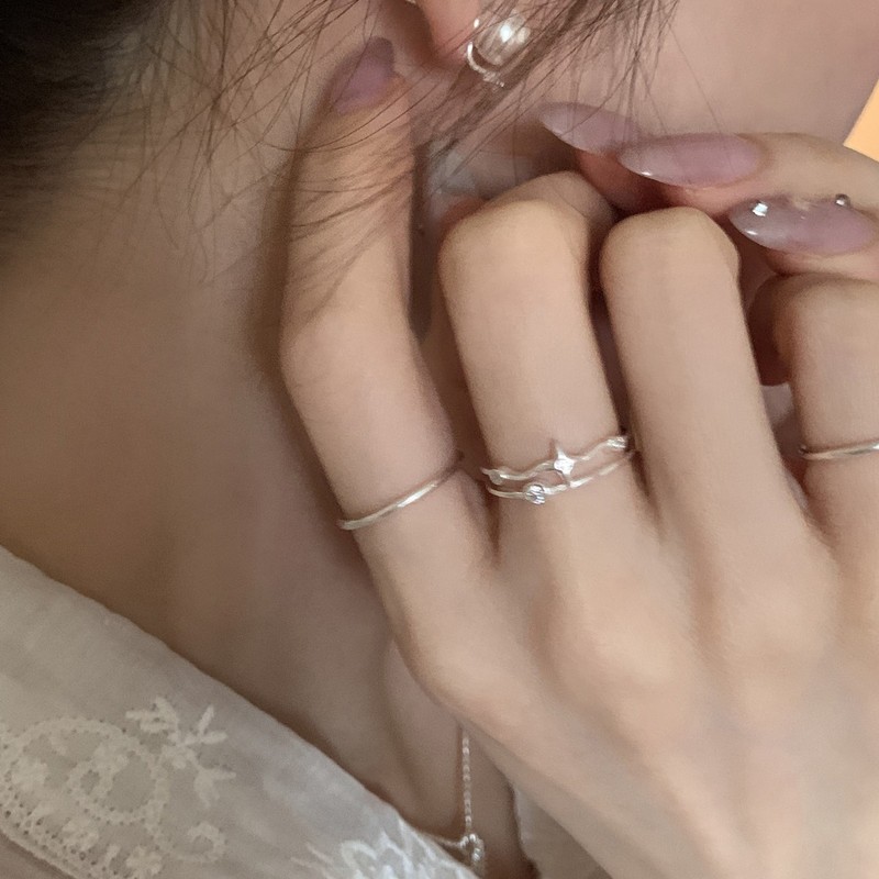Niche Design Sweet and Cool Style Four-Pointed Star Synthetic Zircon Double-Layer Ring for Women Niche Design Index Finger Ring for Women
