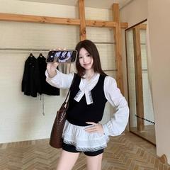 2025秋季新款时尚韩系拼接蕾丝蝴蝶结宽松衬衫+美式百搭马甲套装