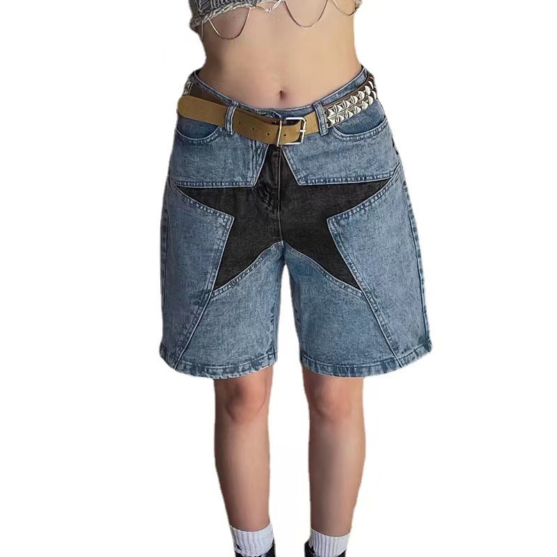 Pantaloncini da donna di tendenza street pantaloni larghi in denim con stella a cinque punte a contrasto_voghion.com