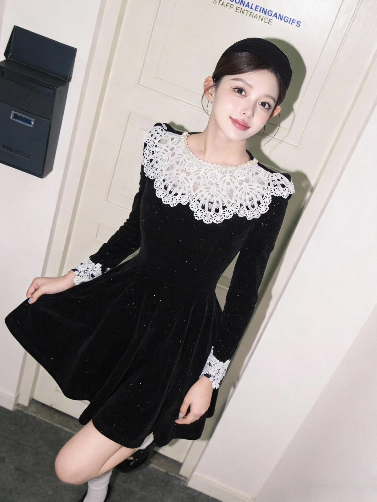 Đầm midi nhung A chữ cổ tròn ren hoa thắt eo — đen
