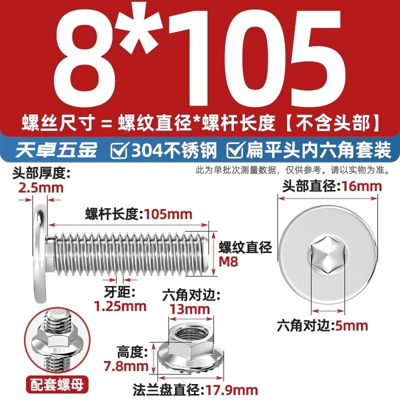 304不锈钢CM大平头超薄头C头扁平头内六角螺丝钉法兰边螺母套装M5|undefined