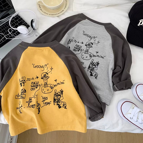 Cotton Men's and Women's Children's Long-Sleeve T-shirts 2024 Cute Cartoon Casual Versatile Medium and Small Children's Clothing Base Layer Top Spring and Autumn