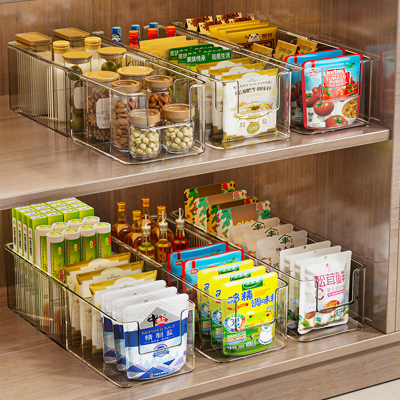 Condiment Storage Box, Extendable Cabinet Organizer for Bottles, Jars, and Seasoning Packets, Kitchen Compartmentalized Bagged Condiment Storage Rack