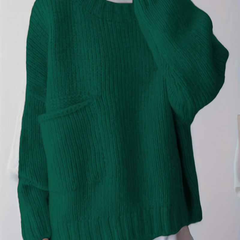Plus Size Solid Pocket Crew Neck Sweater Casual Long Sle跨境|undefined