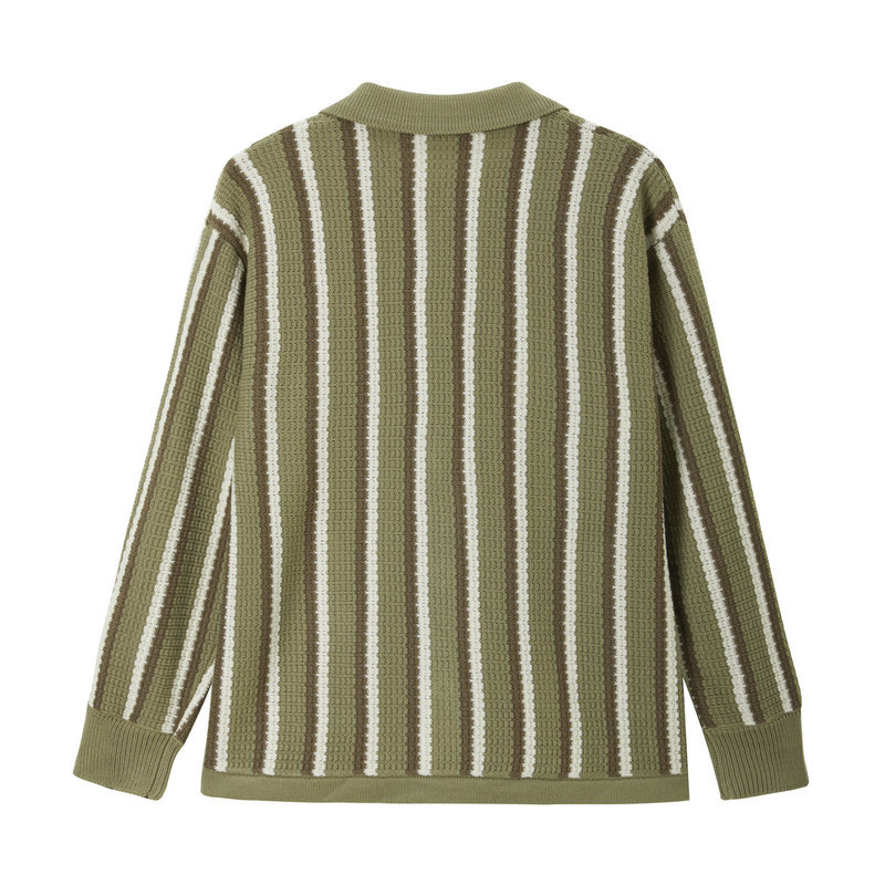 Suéter de hombre a rayas verticales primavera y otoño nuevo estilo retro estilo de Hong Kong con solapa de manga larga casual camisa de punto de tendencia de contraste