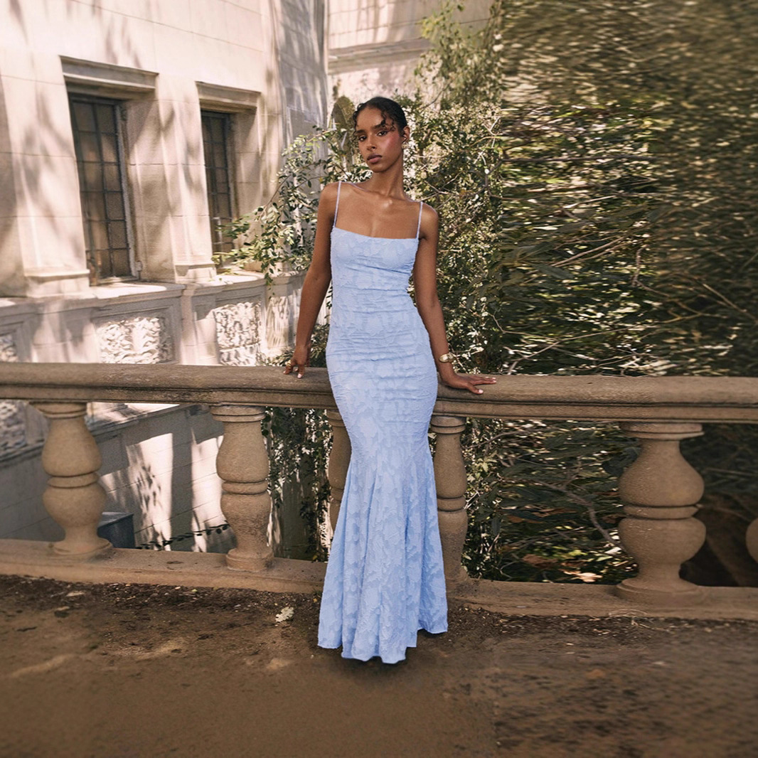 European and American Style Spaghetti Strap Dress with Exposed Back and Hips, Sexy Slim Fit Mermaid Long Dress, Vintage Evening Gown