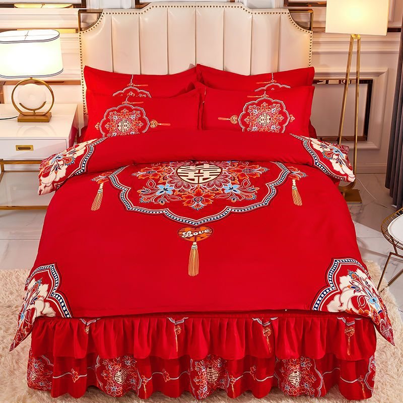韩版公主风床裙式床单被罩加厚单双人床罩被套婚庆床上用品四件套
