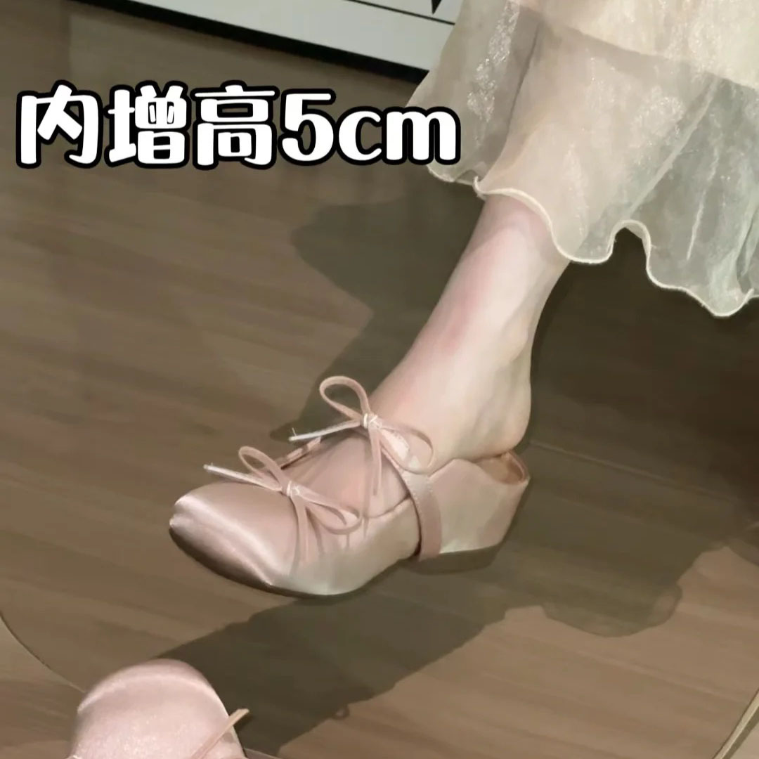 양가죽 버전 ~ 키가 작은 분들을 위한 프렌치 메리제인 슈즈, 하프슬립 샌들, 여성용 리본발레슈즈