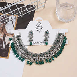 B013欧美跨境个性水滴流苏耳环项链套装古金绿宝石时尚镶钻  女