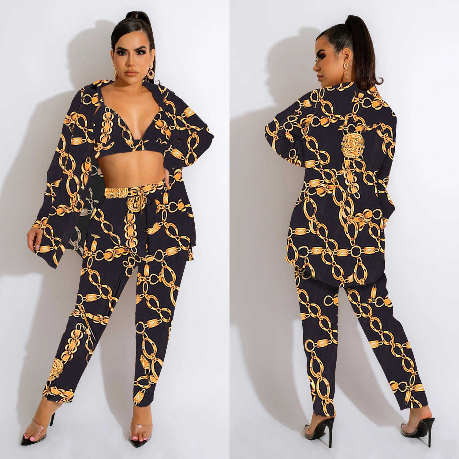 Women's Pant Set With Long Sleeved Collared Jacket And Trousers_voghion.com