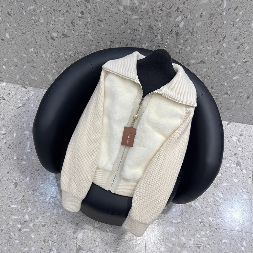 2025新款lp同款白色进口水貂毛皮草短款羽绒服翻领羊绒针织外套女