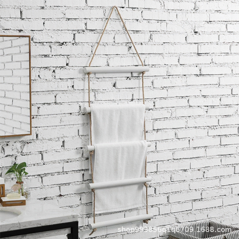 Cross-Border Old Retro Solid Wood Wall-Mounted Towel Rack Ladder 5 Ladder-Grade Rustic Hemp Rope Bathroom Towel Drying Rack
