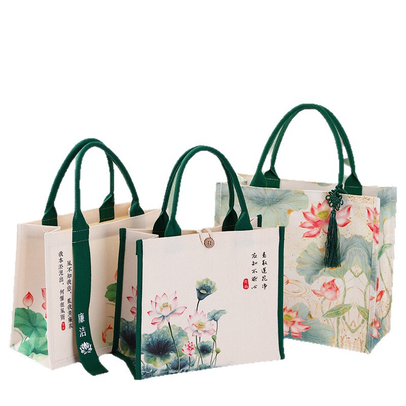 荷花帆布袋定制logo国潮风时尚手提袋大容量饭盒环保购物袋礼品袋|undefined