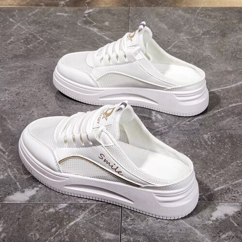 Mesh Airy Slippers 2025 New Summer Casual White Shoes Thick Sole Stylish Rounded Toe Half Support Foreign Trade Wholesale