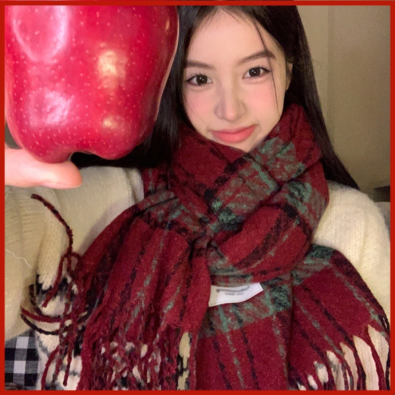 Écharpe à carreaux en cachemire d'hiver, châle chaud polyvalent à pompon pour femme, couleur contrastée pour couple, écharpe pour étudiante_voghion.com