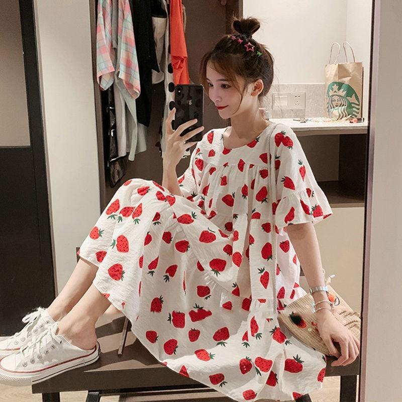 Maternity floral pattern dress summer Korean version strawberry short sleeve loose Korean maternity dress summer short sleeve women
