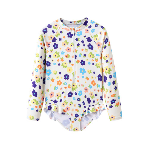 New children's swimsuit, female fungus lace, small fresh floral, long sleeves, belly-covering, conservative one-piece girl and baby swimsuit