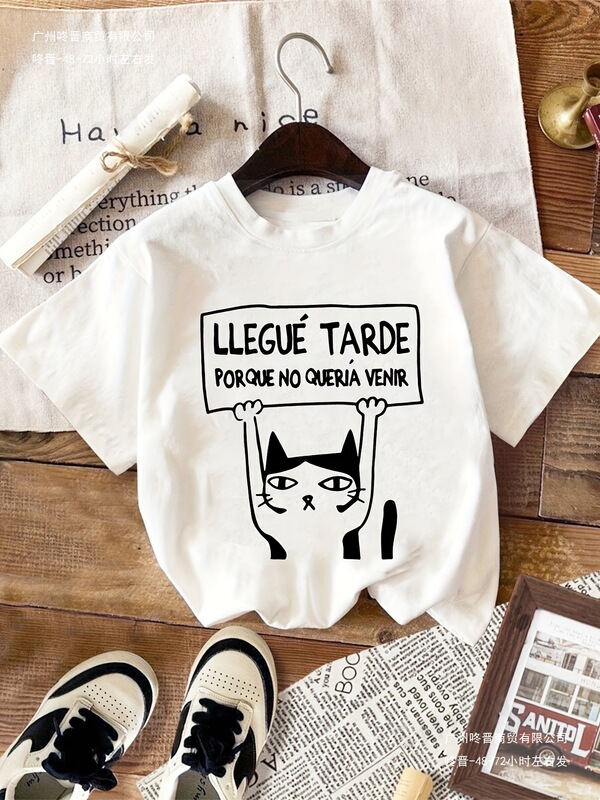 Women's Casual Short Sleeve Round Neck T-Shirt - Cute Cat with Spanish Slogan Pattern, Light Pink Semi-Transparent