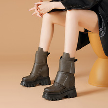 跟高10cm 显瘦中筒短靴2023年秋冬新款厚底时髦魔术贴复古靴子