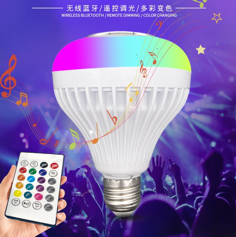 Bombilla LED inteligente con Bluetooth y música, altavoz integrado, control remoto y app, casquillo E27