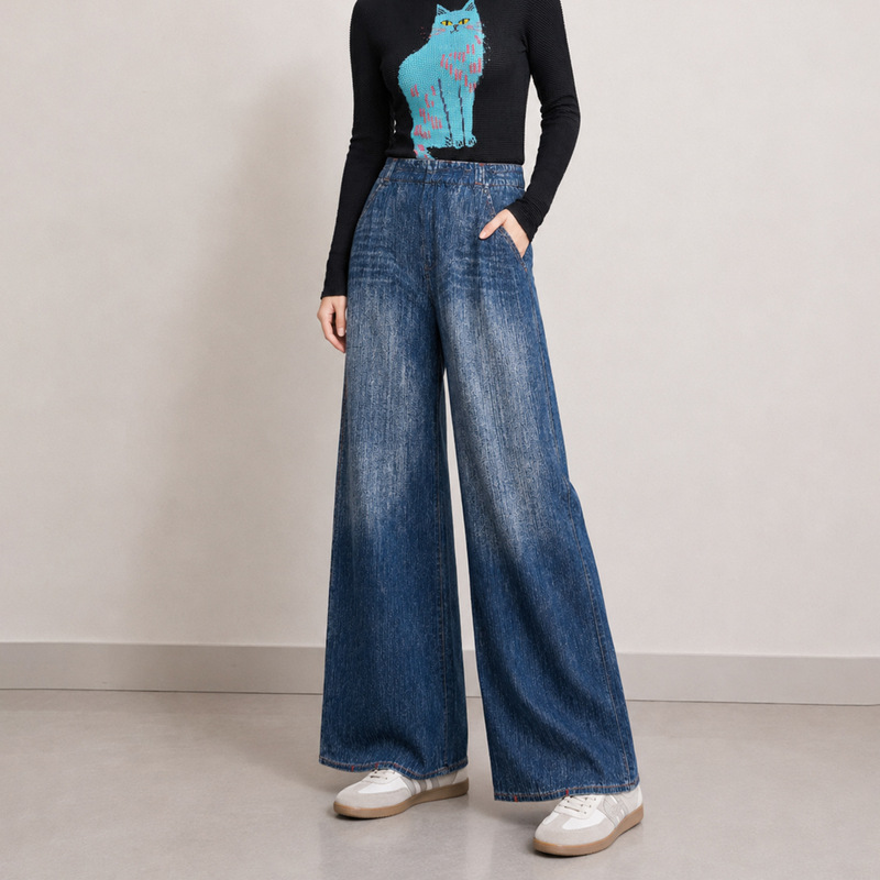 Miyake stretch pleated denim wide-leg pants for women, 2026 autumn/winter, high-waisted, loose, straight-leg, floor-length, slimming and versatile Miyake stretch pleated denim wide-leg pants for women, 2026 autumn/winter, high-waisted, loose, straight-leg, floor-length, slimming and versatile