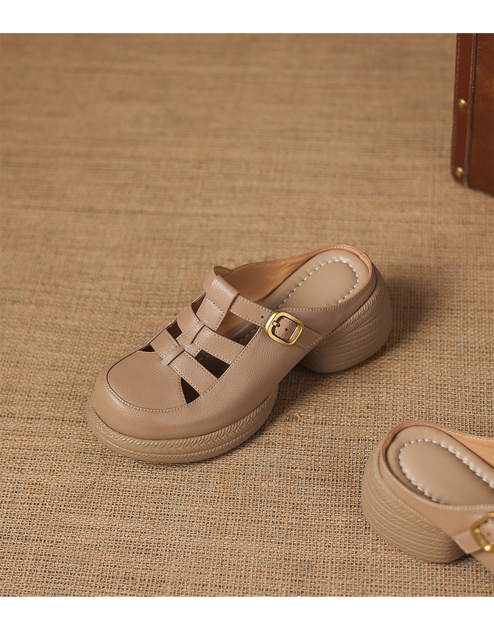 Sandal cao gót nữ mũi hở đế dày da cừu kiểu dệt lỗ — màu trắng ngà chi tiết 14