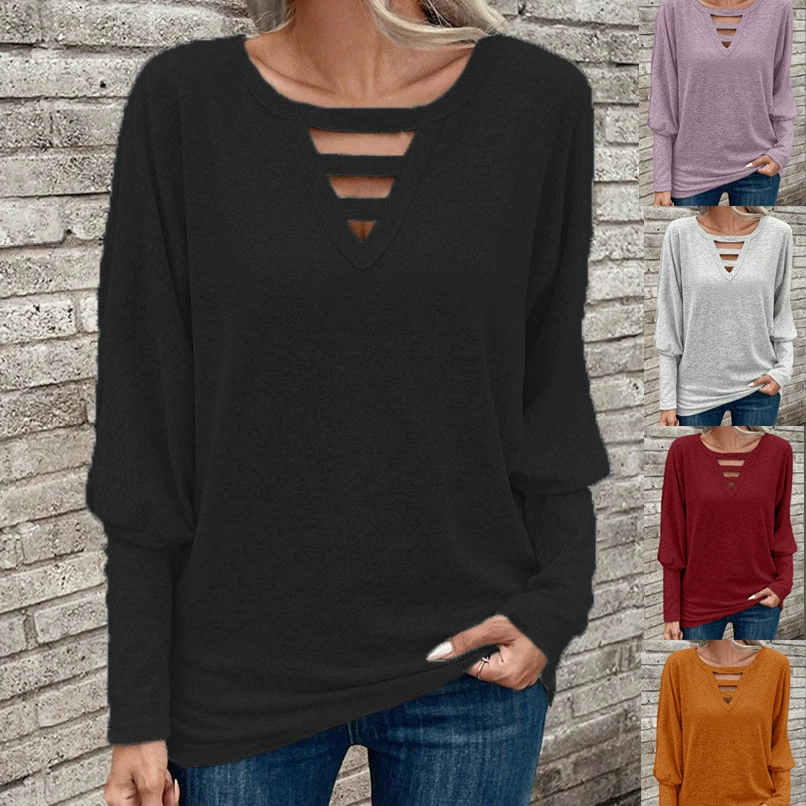 Осень и зима 2024, независимая станция Amazon TEMU в Европе и Америке, трансграничная новая повседневная футболка с вырезом и v-образным вырезом, чистый цвет, с длинными рукавами