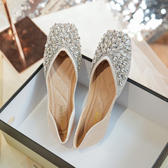 178-11春季新款2023單鞋百搭淺口平跟方頭內增高瓢鞋水鑽大碼女鞋