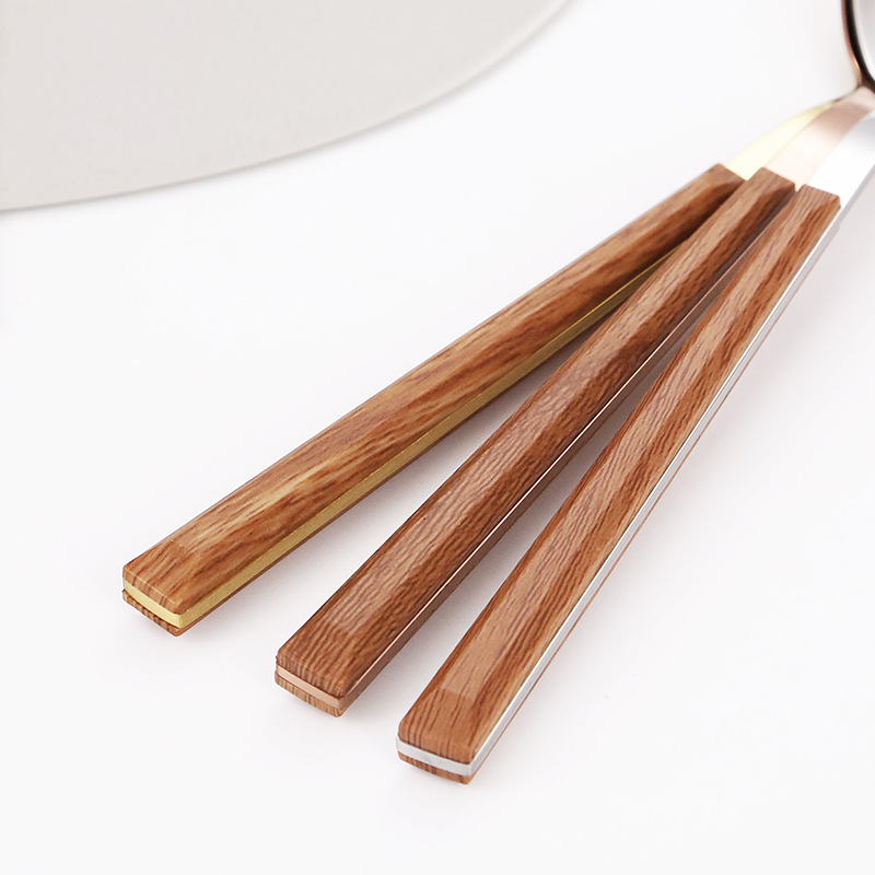 Al por mayor creativo japonés occidental vajilla caja de regalo traje Hotel Acero inoxidable madera grano cuadrado mango cuchillo tenedor postre cuchara