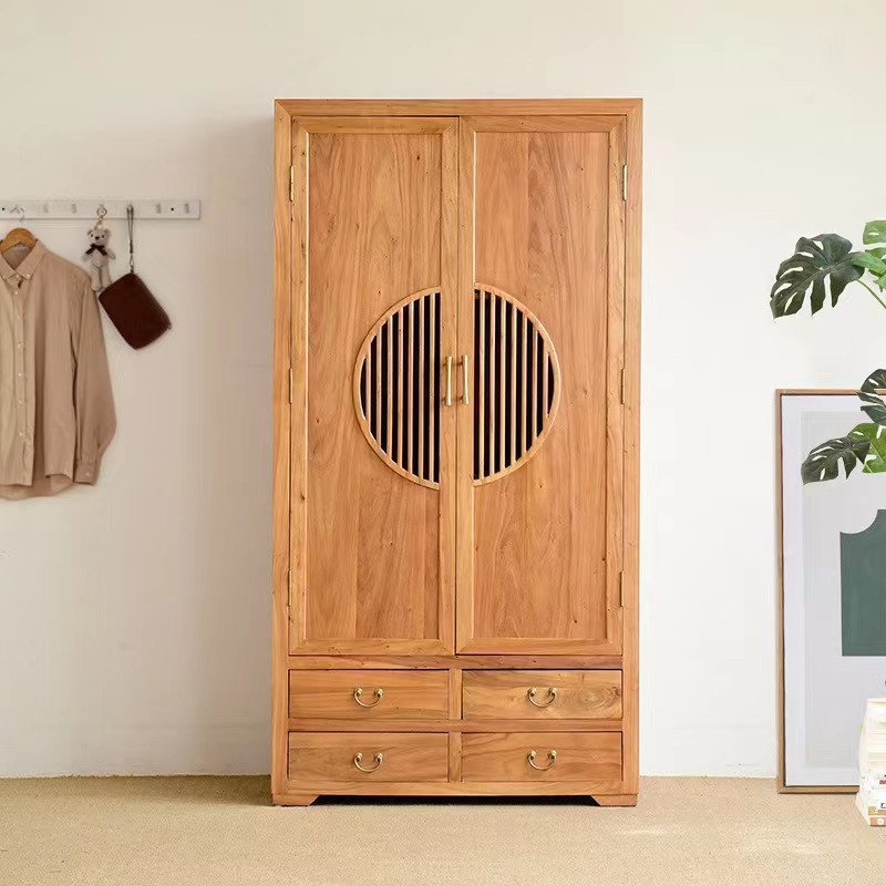 New Chinese Style Old Elm Wardrobe Home Bedroom Solid Wood Double Door Hanging Wardrobe Cabinet Furniture Log Clothes Storage Cabinet