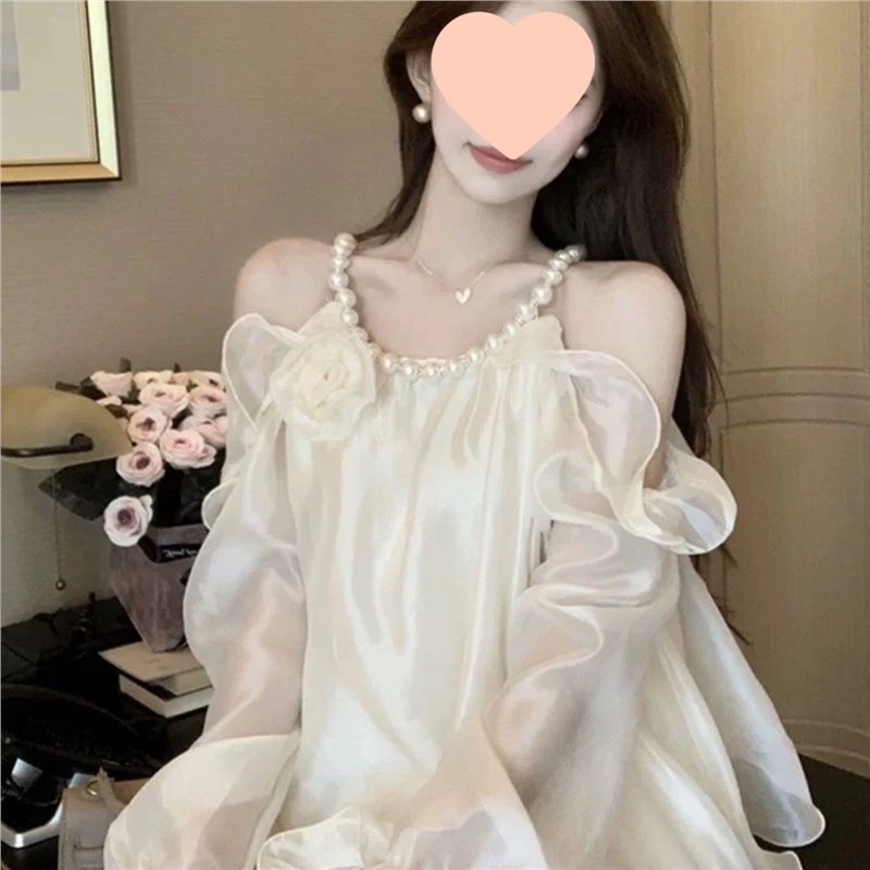 温柔荷叶很仙珍珠甜美挂脖式上衣衬衫2025新款法式喇叭长袖夏日新|undefined