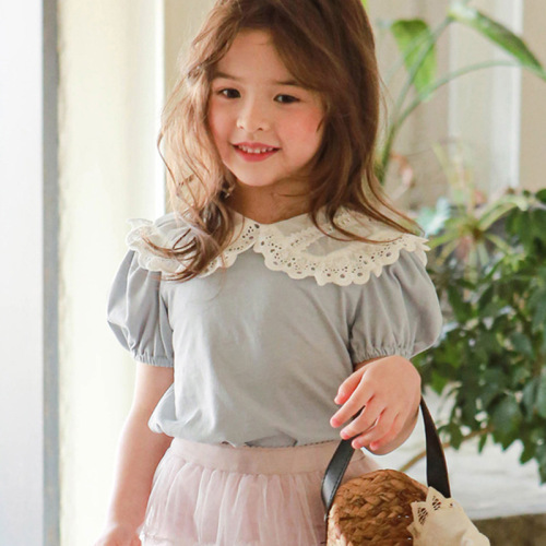 2024 Summer Strawberry Shan Korean Children's Clothing Children's Girls Lace Large Lapel T-Shirt