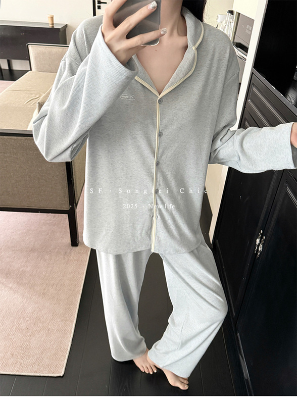 3728撞色雪花翻领睡衣套装秋冬新款长袖宽松亲肤纽扣家居服二件套|undefined